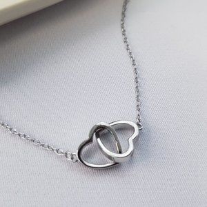 New Rhodium Plated 925 Sterling Silver Two-Hearts Necklace